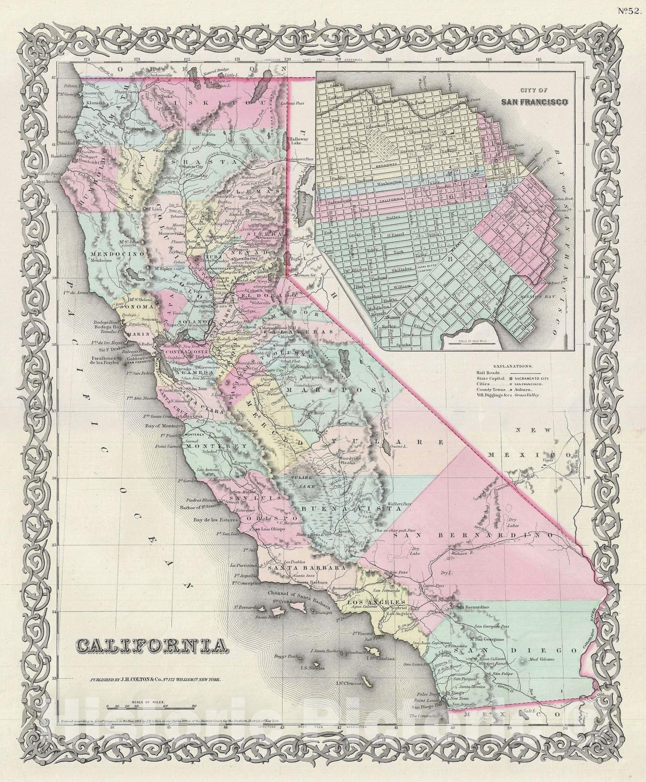 Historic Map : California and San Francisco, Colton, 1856, Vintage Wall Art