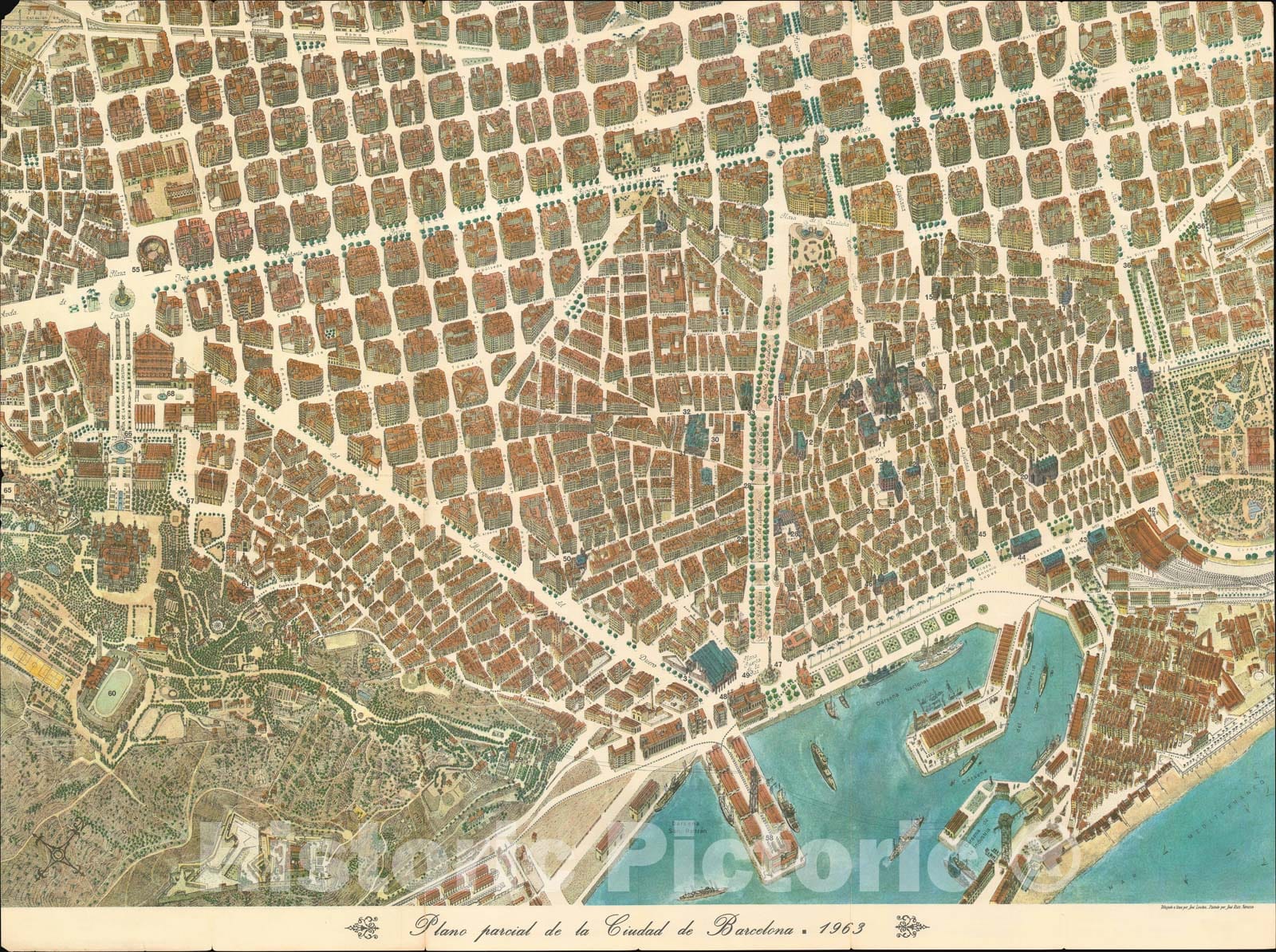 Historic Map : Pictorial Map of Barcelona, Spain, Loeches and Navarro, 1963, Vintage Wall Art