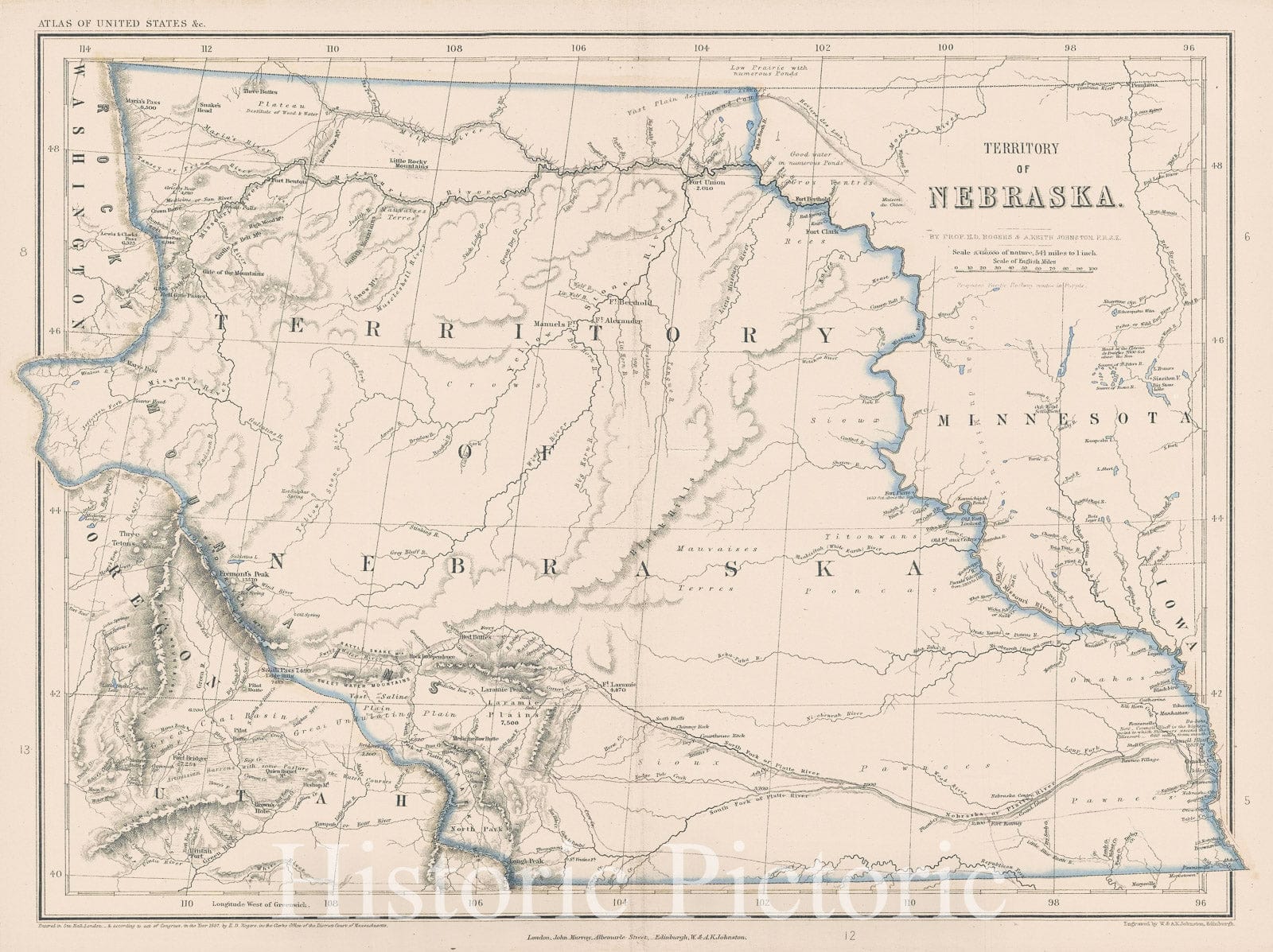 Historic Map : The Nebraska Territory at its largest, Rogers and Johnston, 1857, Vintage Wall Art