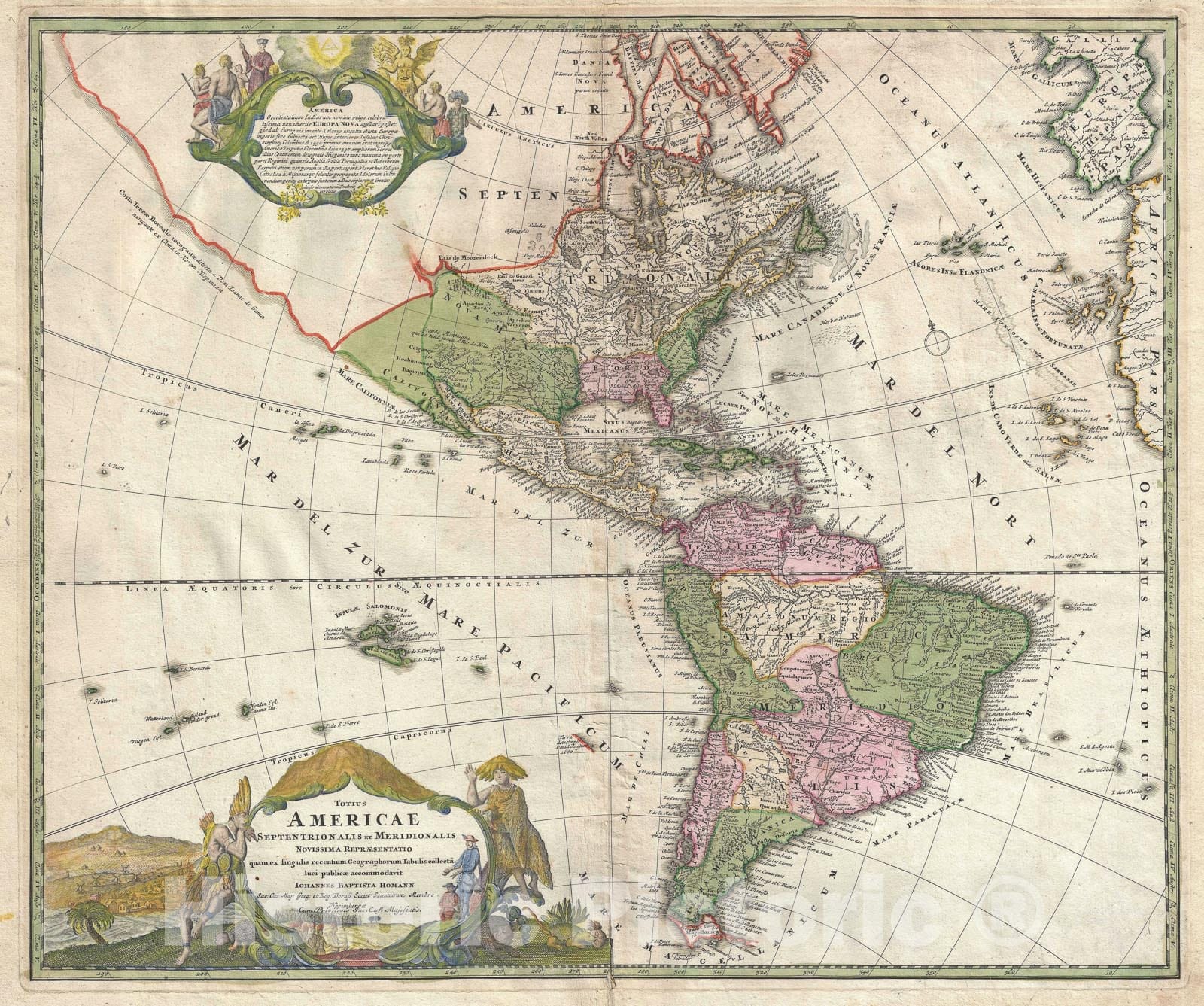 Historic Map : North America and South America, Homann, 1720, Vintage Wall Art