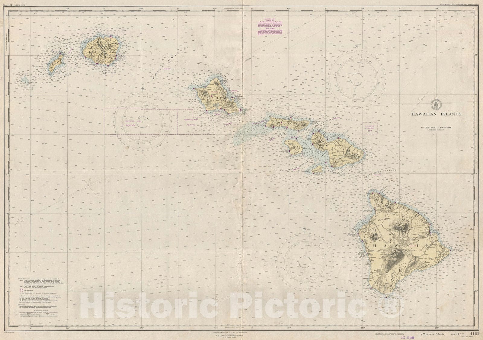 Historic Map : Nautical Chart Hawaii or around Hawaiian Islands, U.S. Coast Survey, 1948, Vintage Wall Art