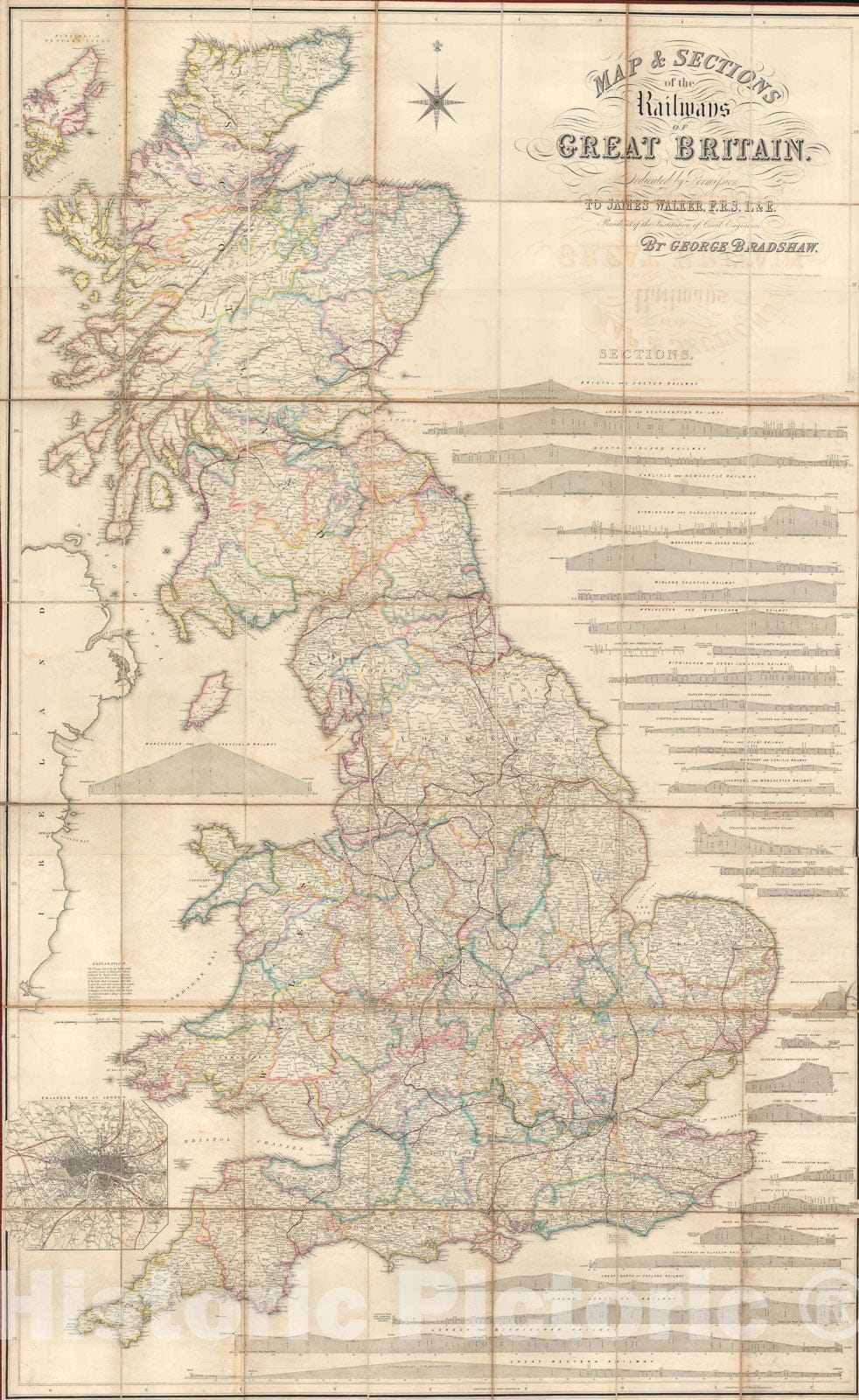 Historic Map : Great Britain, Bradshaw Railroad, 1839, Vintage Wall Art