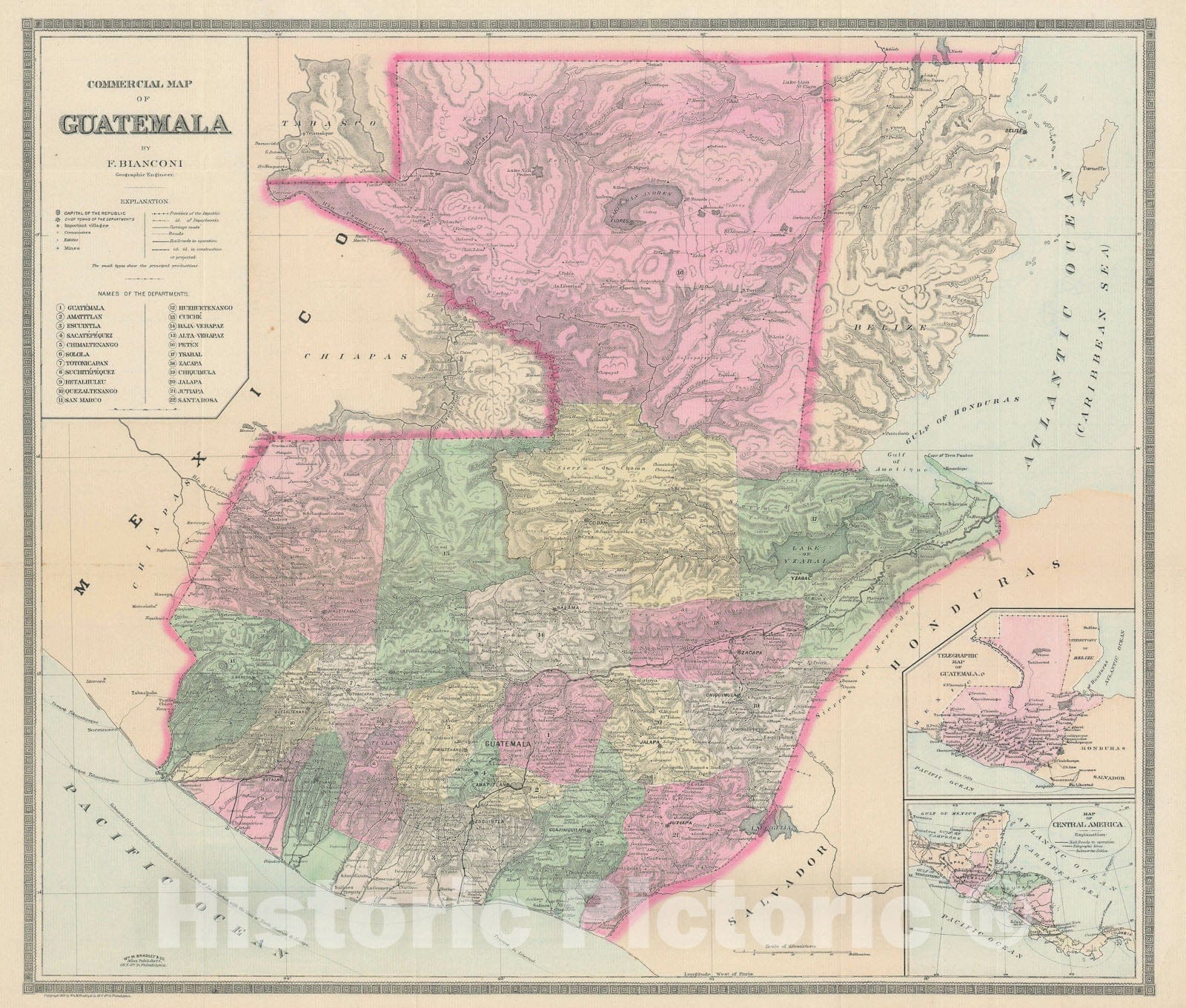 Historic Map : Guatemala, Bianconi Economic, 1891, Vintage Wall Art