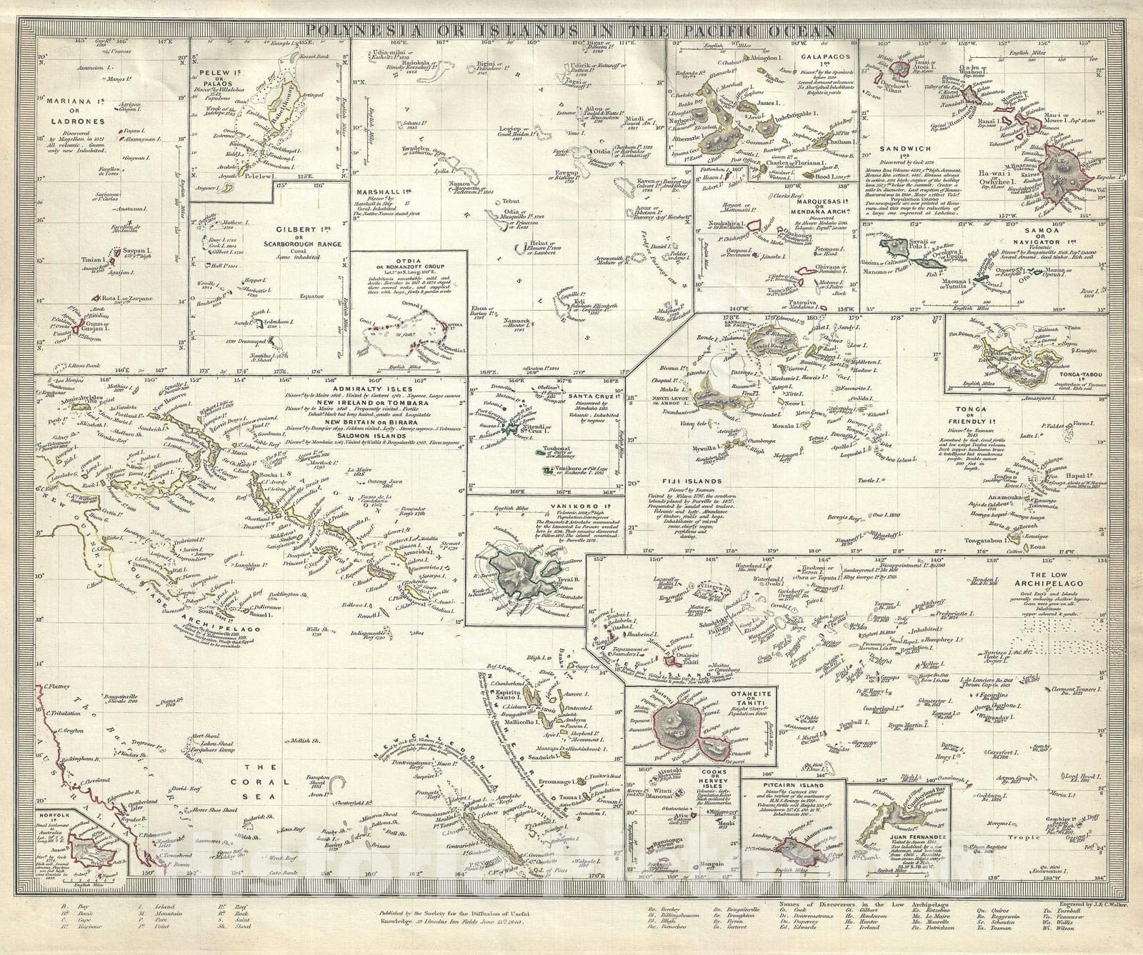 Historic Map : Polynesia or The Islands in The Pacific Ocean, S.D.U.K., 1840, Vintage Wall Art