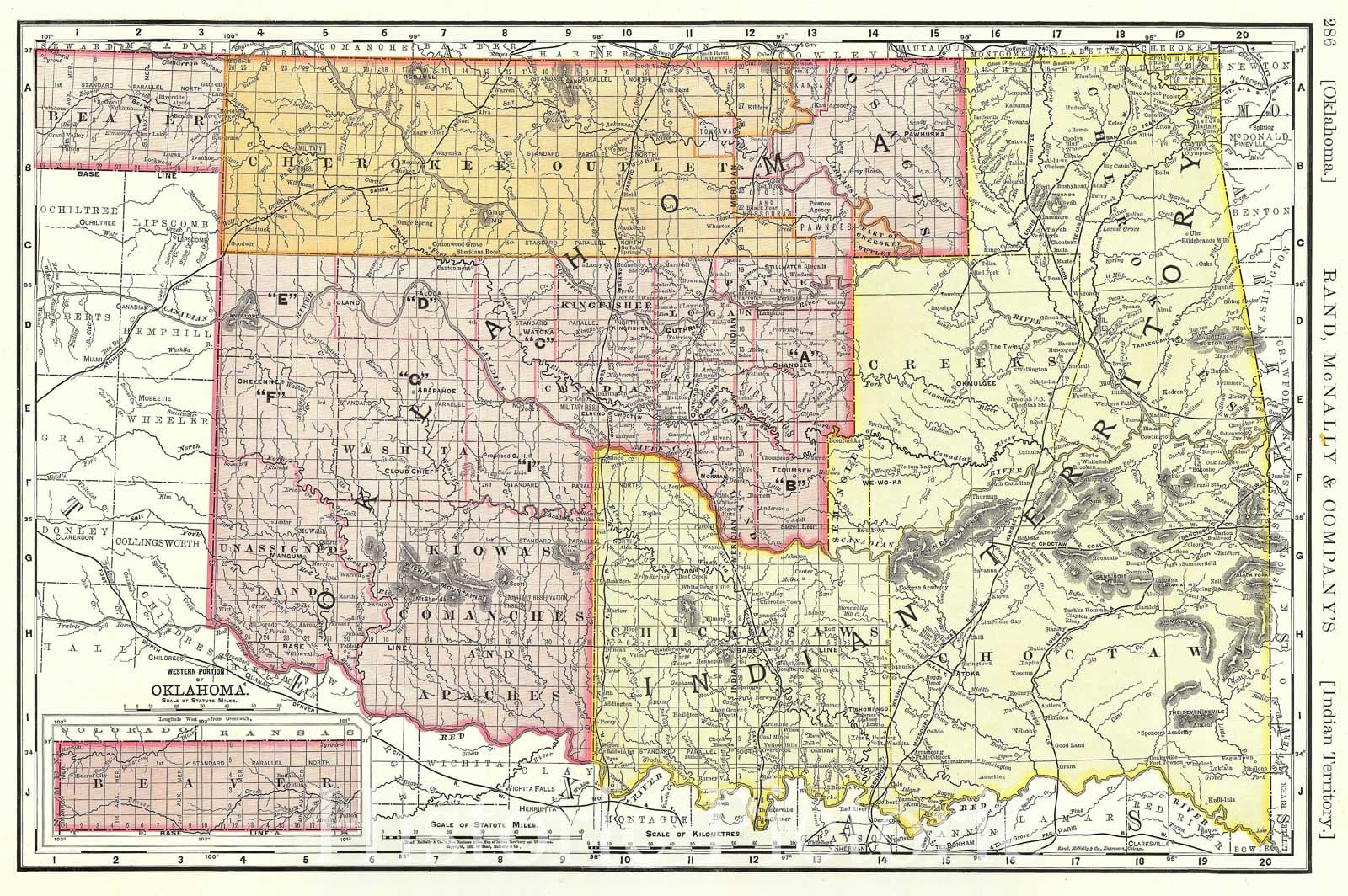 Historic Map : Oklahoma and The Indian Territories, Rand McNally, 1892, Vintage Wall Art