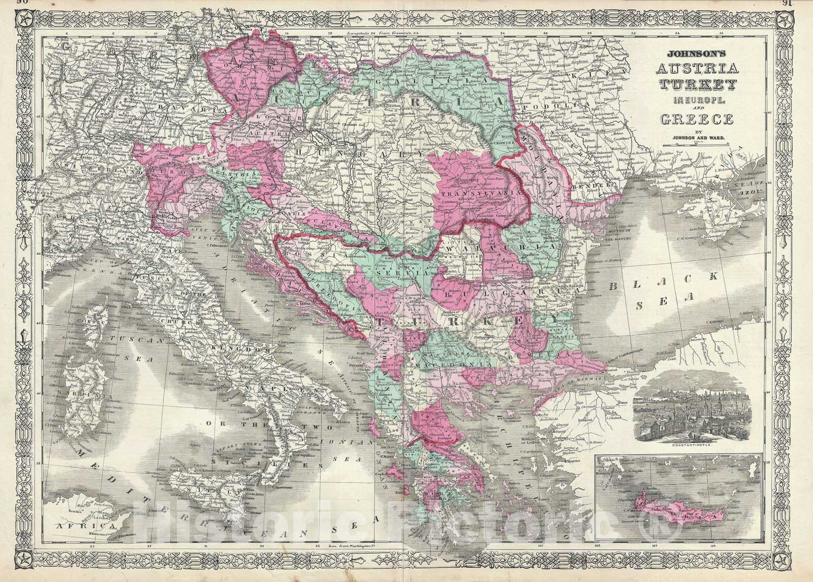 Historic Map : Austria, Turkey in Europe and Greece+C24, Johnson, 1865, Vintage Wall Art