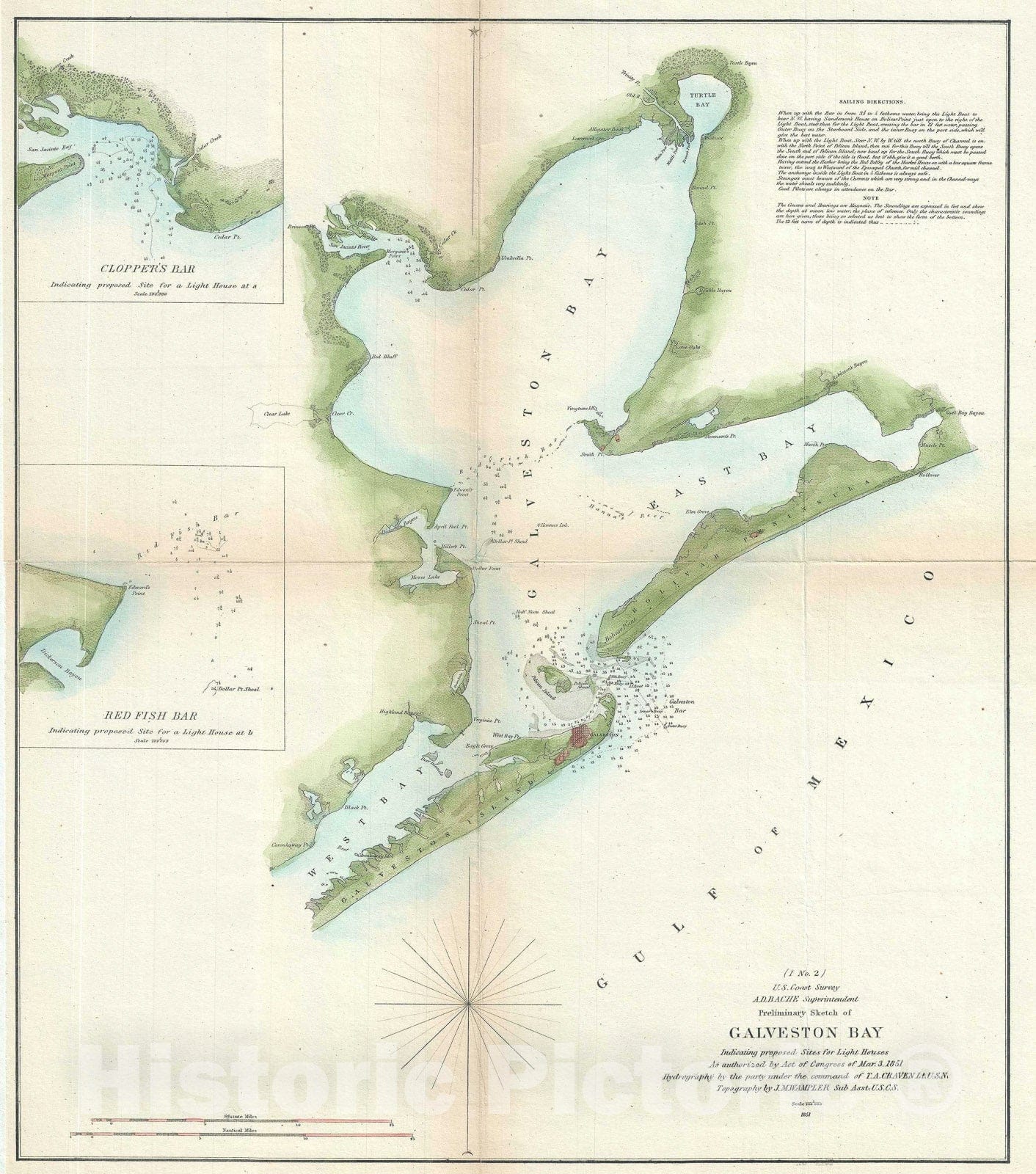 Historic Map : Nautical Chart Galveston Bay, Texas, U.S. Coast Survey, 1851, Vintage Wall Art
