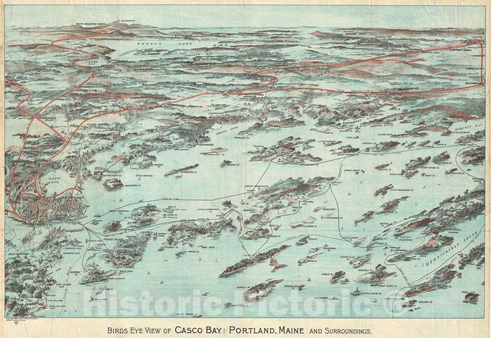 Historic Map : Bird's Eye View Casco Bay, Portland, Maine, Walker, 1906, Vintage Wall Art