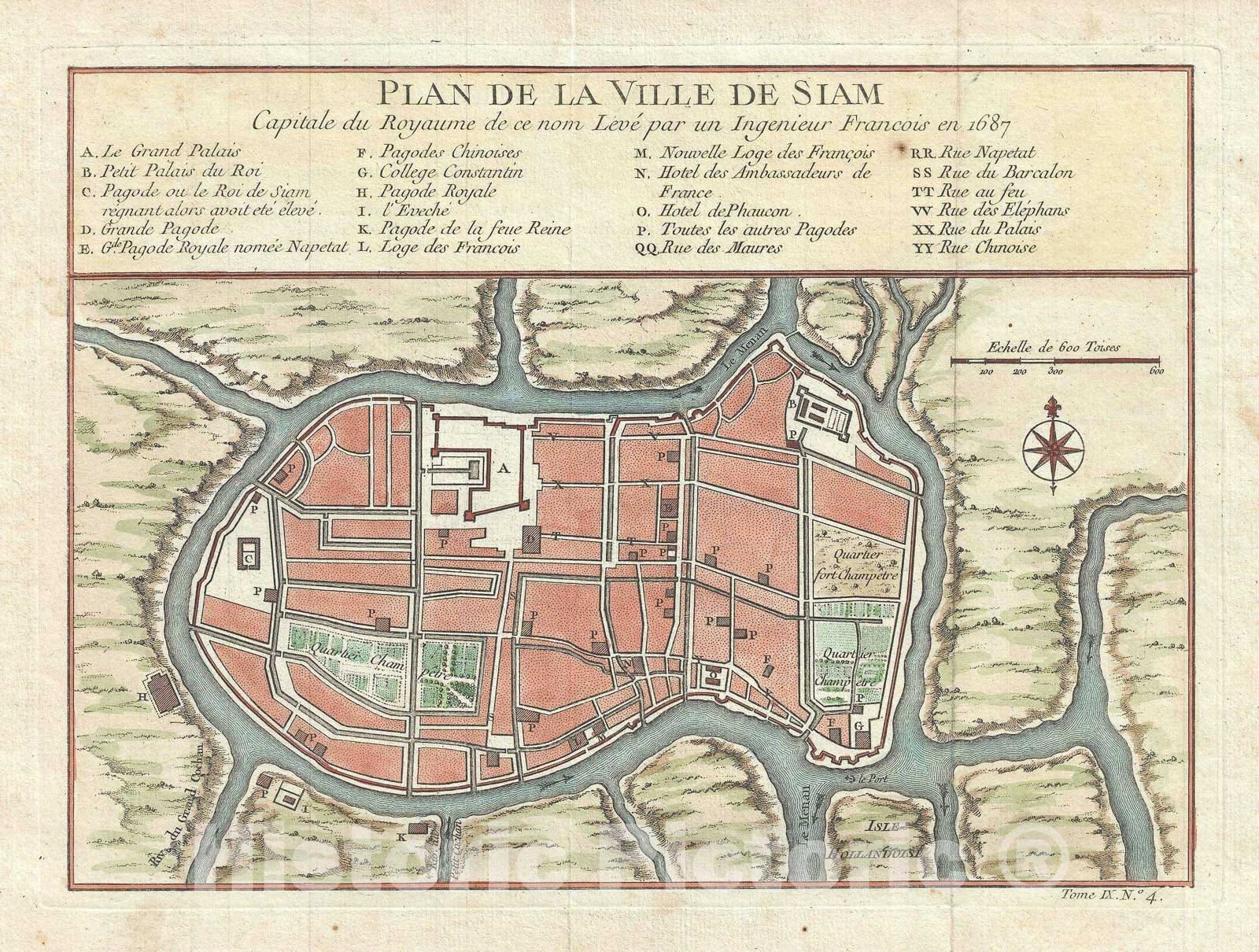 Historic Map : Plan of The City of Siam or Ayutthaya, Thailand, Bellin, 1752, Vintage Wall Art