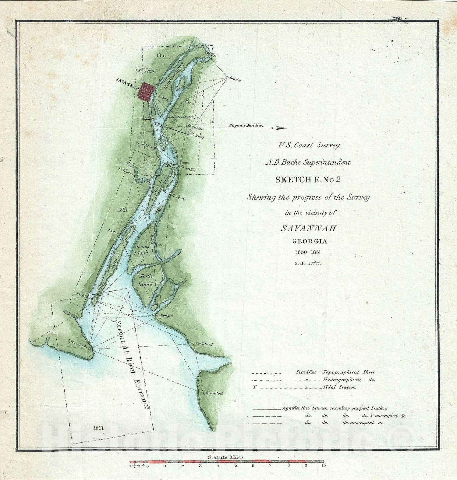Historic Map : Savannah, Georgia and The Savannah River, U. S. Coast Survey, 1851, Vintage Wall Art