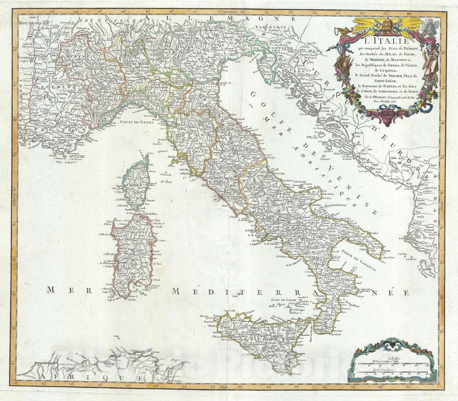 Historic Map : Italy, Vaugondy, 1757, Vintage Wall Art