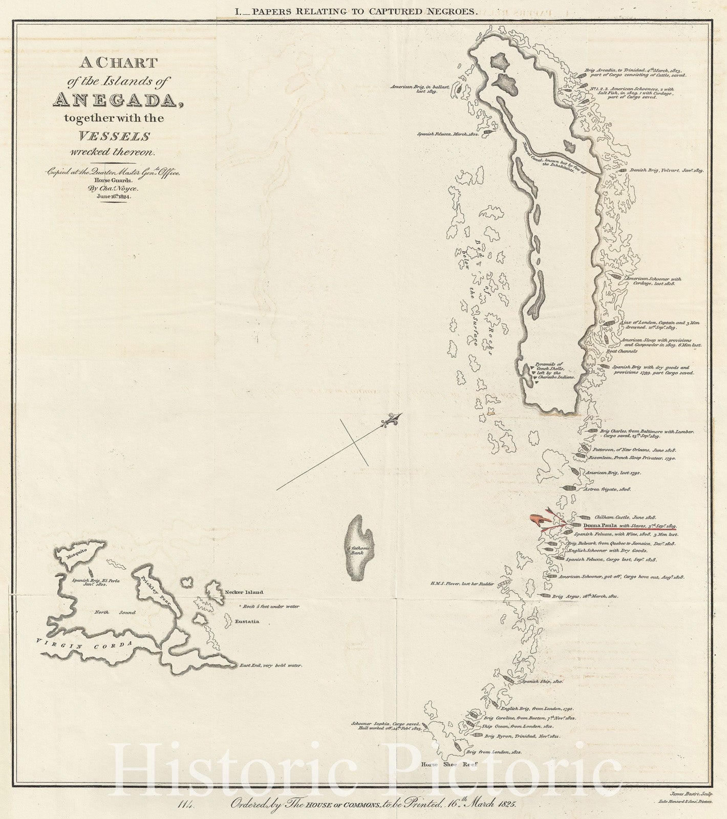 Historic Map : Anegada Island, Virgin Islands "w/ slave ship wrecks", Basire, 1825, Vintage Wall Art
