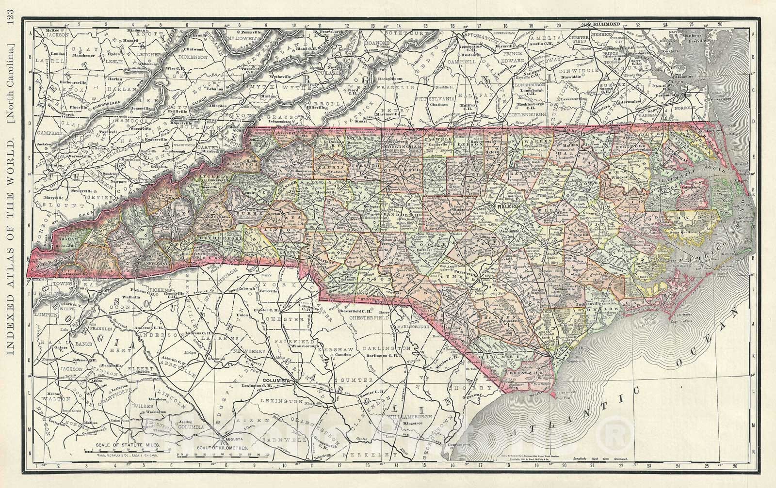 Historic Map : North Carolina, United States, Rand McNally, 1888, Vintage Wall Art