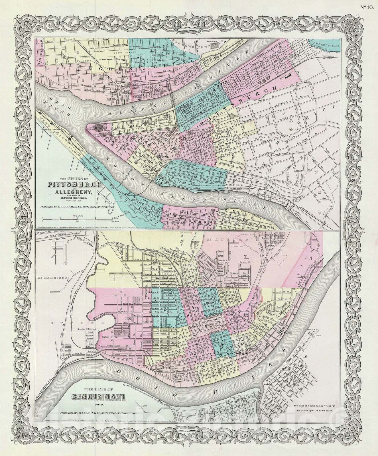 Historic Map : Pittsburgh, Pennsylvania and Cincinnati, Ohio, Colton, 1856, Vintage Wall Art