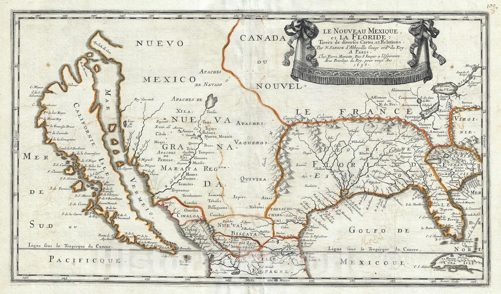 Historic Map : Florida and New Mexico "California as Island", Sanson and Mariette, 1656, Vintage Wall Art