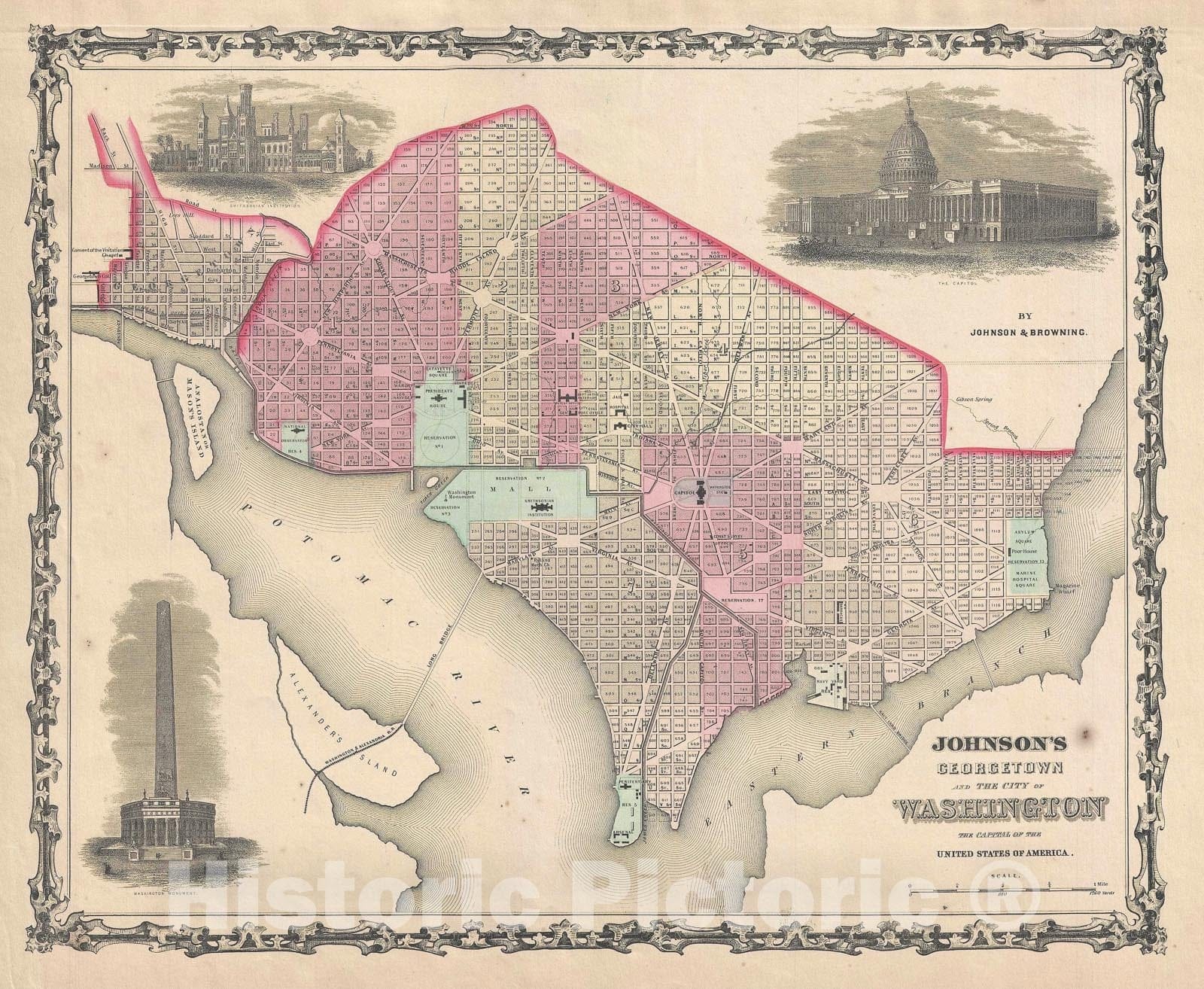 Historic Map : Plan of Washington, D.C., Johnson, 1860, Vintage Wall Art