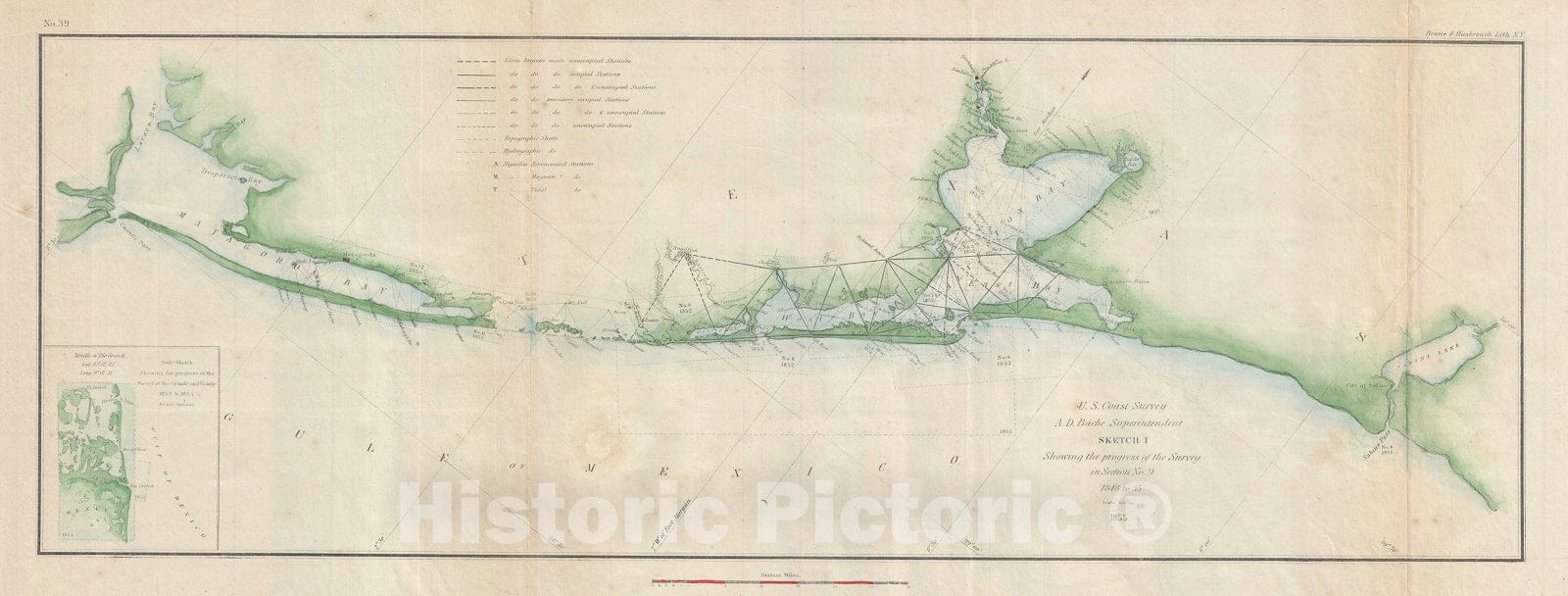 Historic Map : Matagorda to Galveston, Texas, U.S. Coast Survey, 1855, Vintage Wall Art