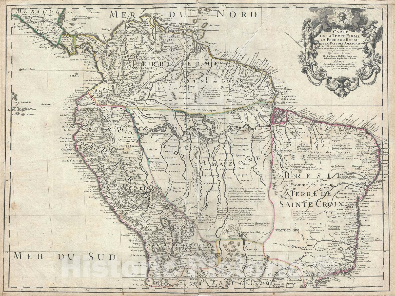 Historic Map : Northern South America "Brazil, Peru, Columbia, Venezuela", Delisle, 1703, Vintage Wall Art