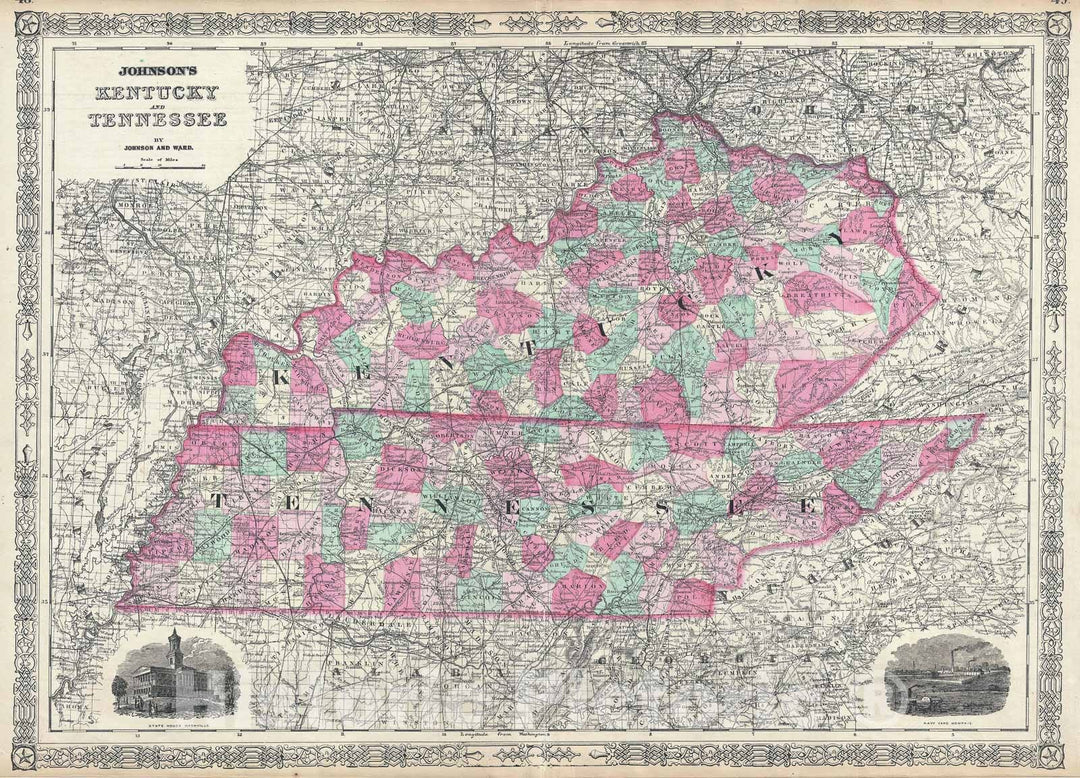 Historic Map : Kentucky and Tennessee, Johnson, 1865, Vintage Wall Art