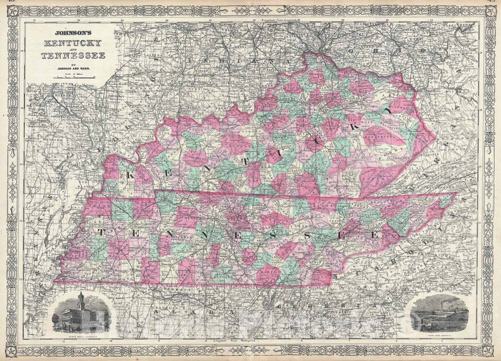 Historic Map : Kentucky and Tennessee, Johnson, 1865, Vintage Wall Art