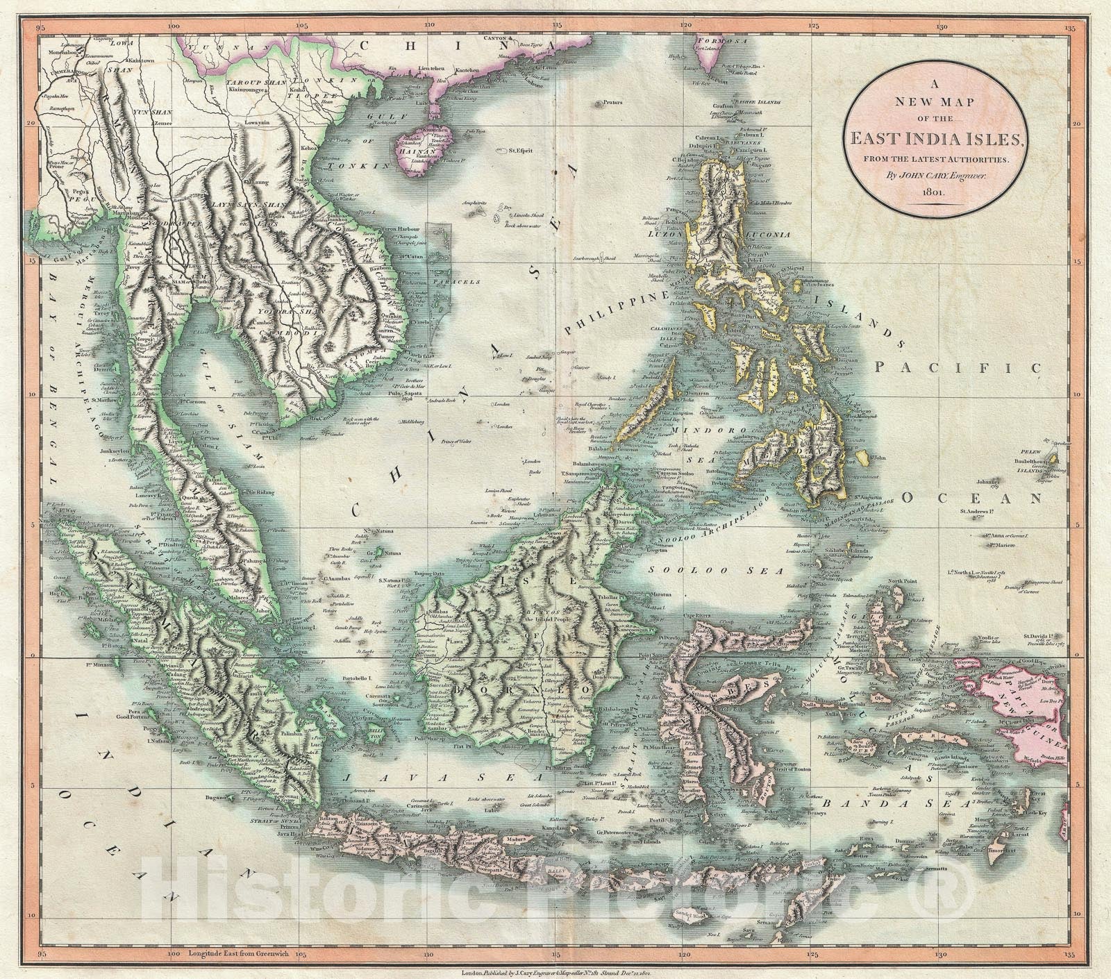 Historic Map : The East Indies and Southeast Asia " Singapore, Borneo, Sumatra, Java, Philippines, Cary, 1801, Vintage Wall Art