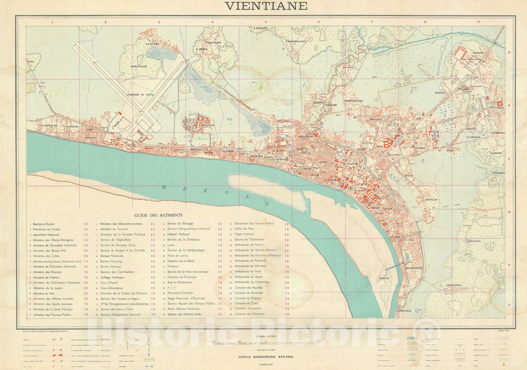 Historic Map : French Service Géographique National Map of Vientiane, Laos, 1961, Vintage Wall Art