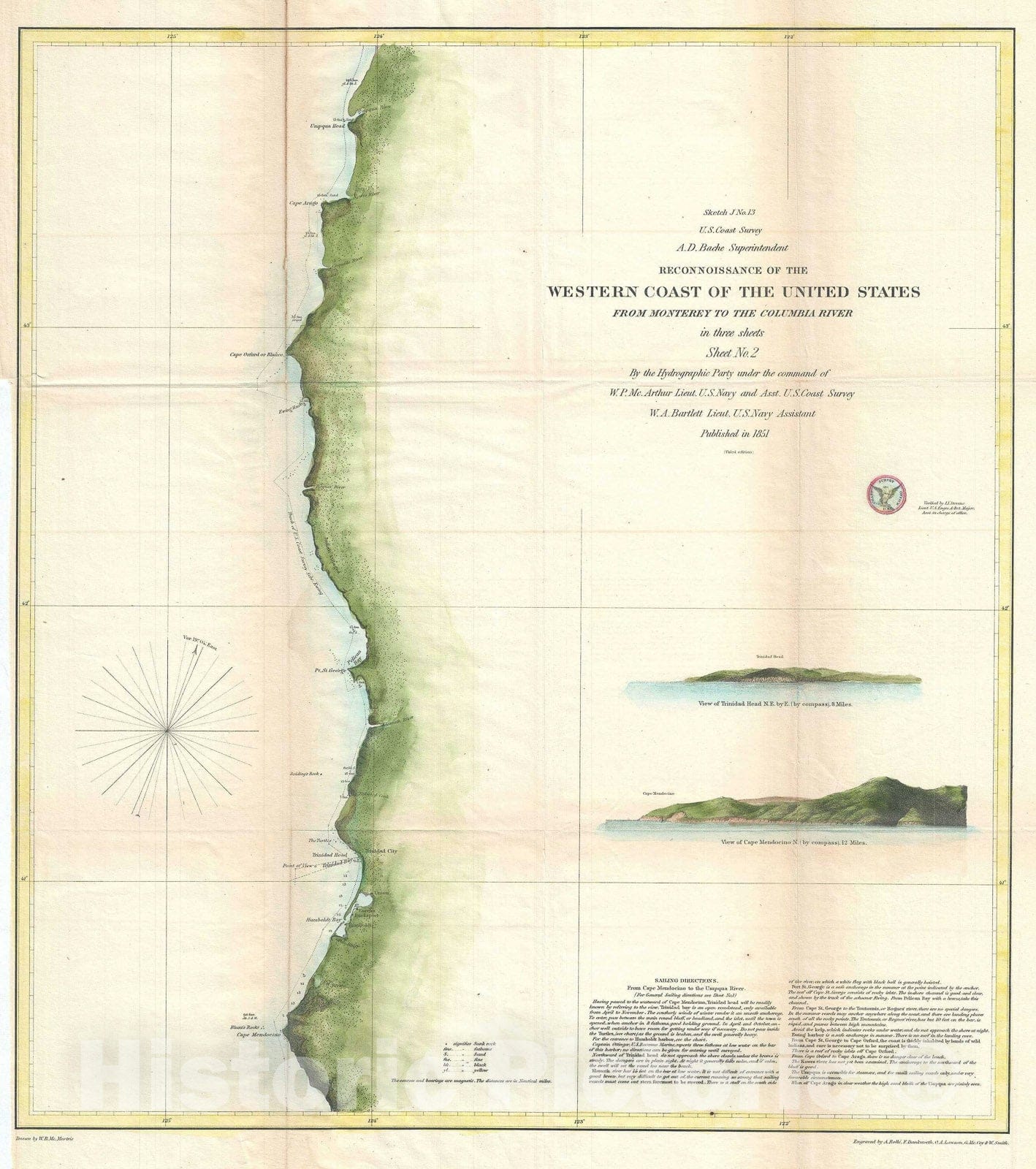 Historic Map : Nautical Chart Coast of California anArtegon, U.S. Coast Survey, 1851, Vintage Wall Art