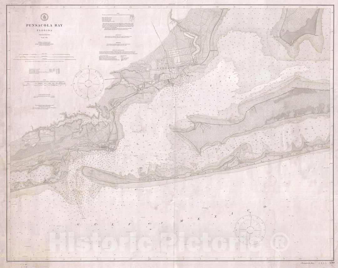 Historic Map : Nautical Chart Pensacola Bay, Florida, U.S. Coast Survey, 1913, Vintage Wall Art
