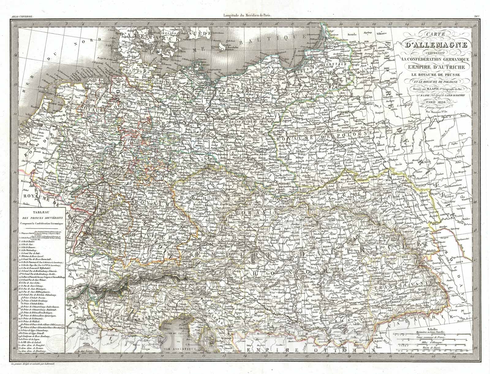 Historic Map : Germany, Austria, and Poland, Lapie, 1830, Vintage Wall Art