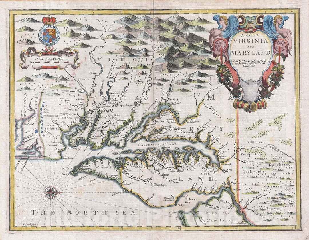 Historic Map : Virginia and Maryland "Chesapeake Bay", Speed and F. Lamb, 1676, Vintage Wall Art