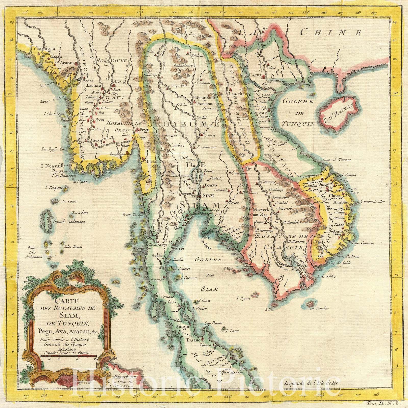Historic Map : Southeast Asia: Thailand, Vietnam, Cambodia, Bellin, 1750, Vintage Wall Art