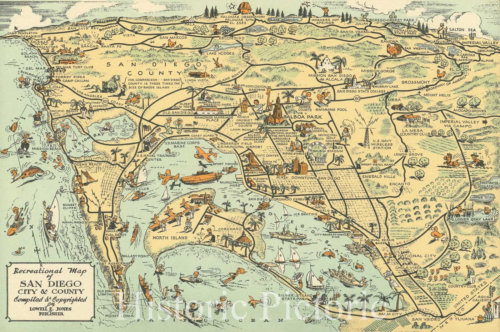 Historic Map : Jones Pictorial Map of San Diego County, 1940, Vintage Wall Art