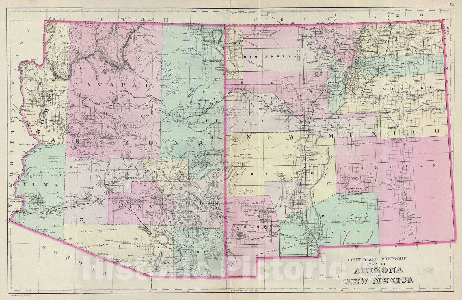 Historic Map : Arizona and New Mexico, Bradley, 1887, Vintage Wall Art