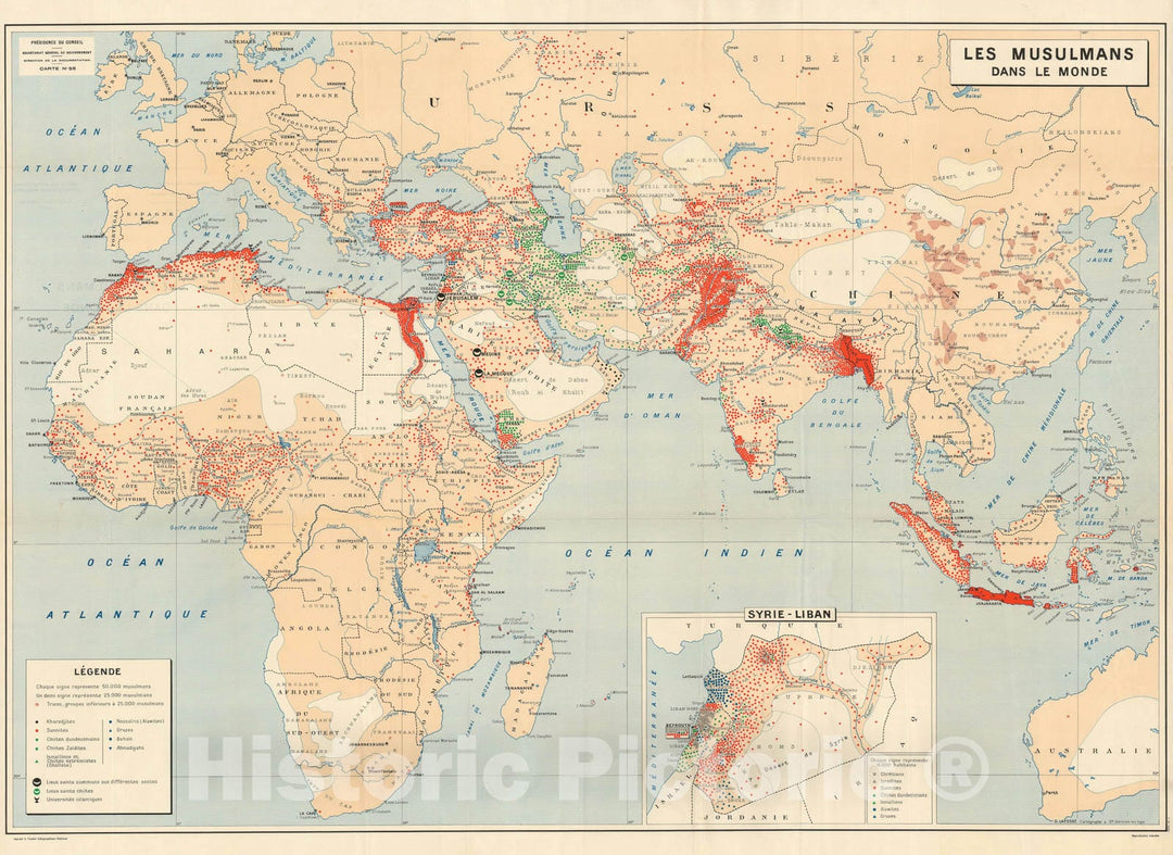 Historic Map : The Muslim World, Georges Lafosse, 1952, Vintage Wall Art