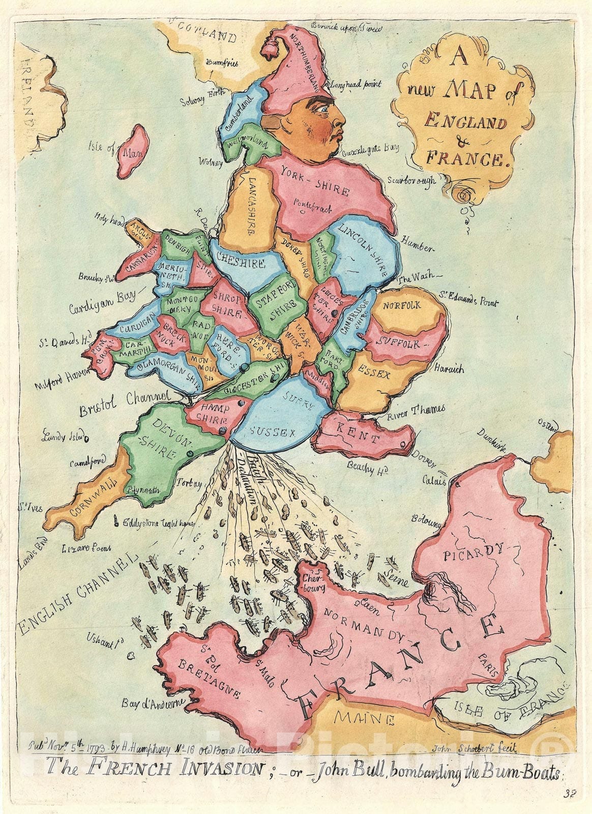 Historic Map : Satirical England and France, Gillray, 1851, Vintage Wall Art