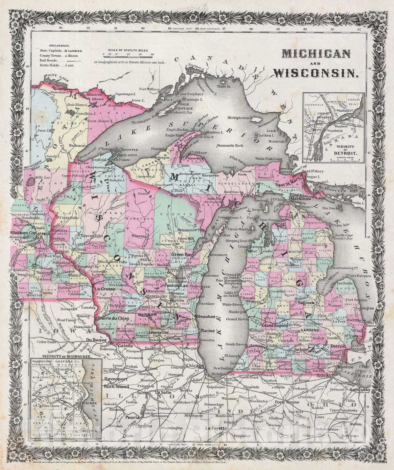 Historic Map : Michigan and Wisconsin, Colton, 1858, Vintage Wall Art