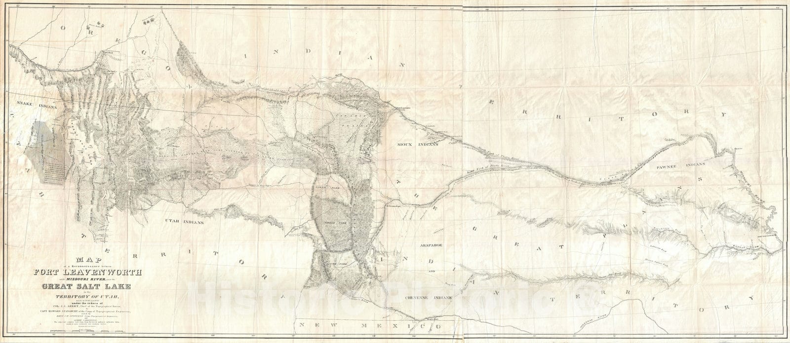 Historic Map : Great Salt Lake to Fort Levenworth Route "Colorado, Utah, Wyoming, Kansas", Stansbury, 1852, Vintage Wall Art