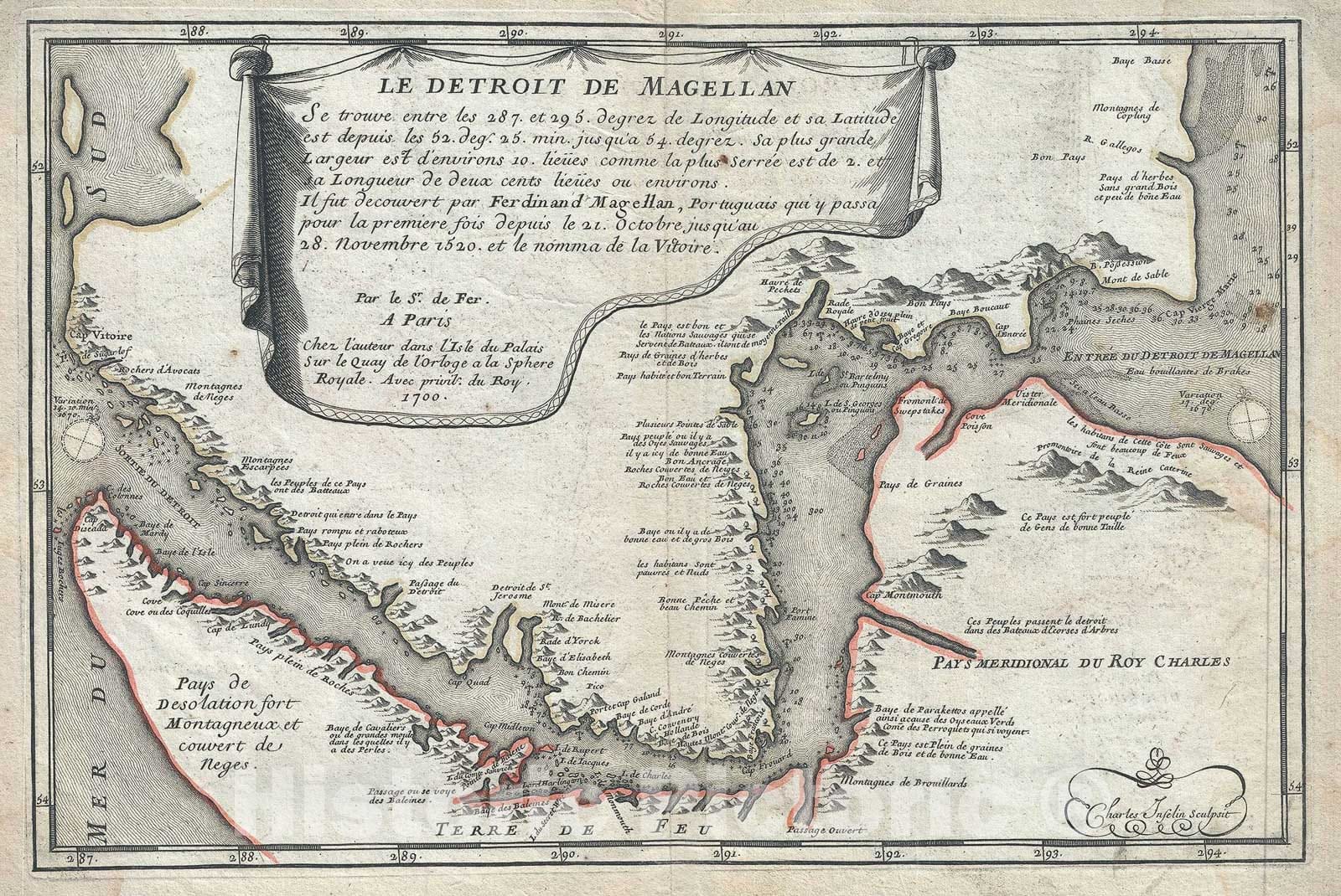 Historic Map : The Straits of Magellan, Chile, South America, De Fer, 1700, Vintage Wall Art