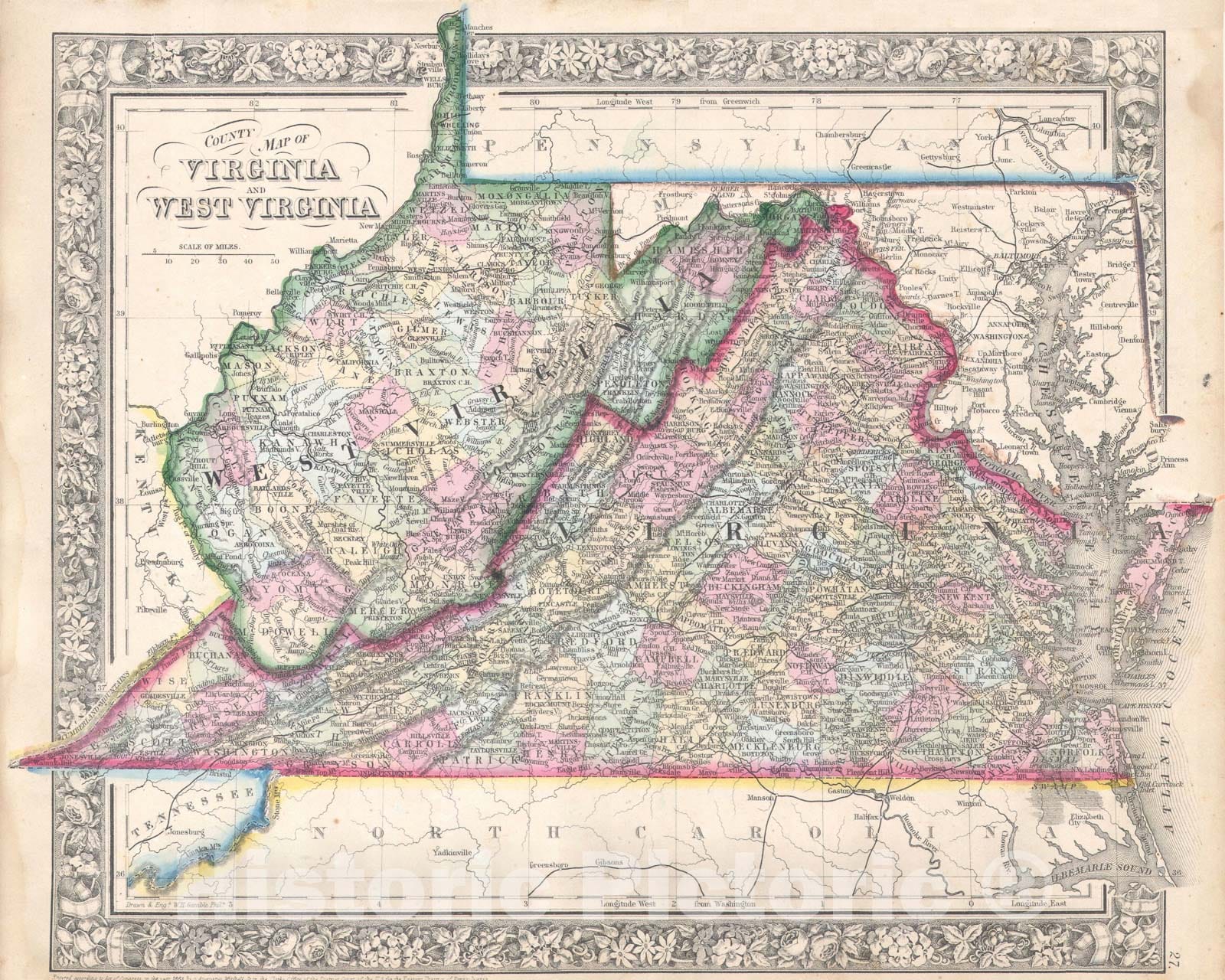 Historic Map : Virginia, West Virginia, and Maryland, Mitchell, 1864, Vintage Wall Art