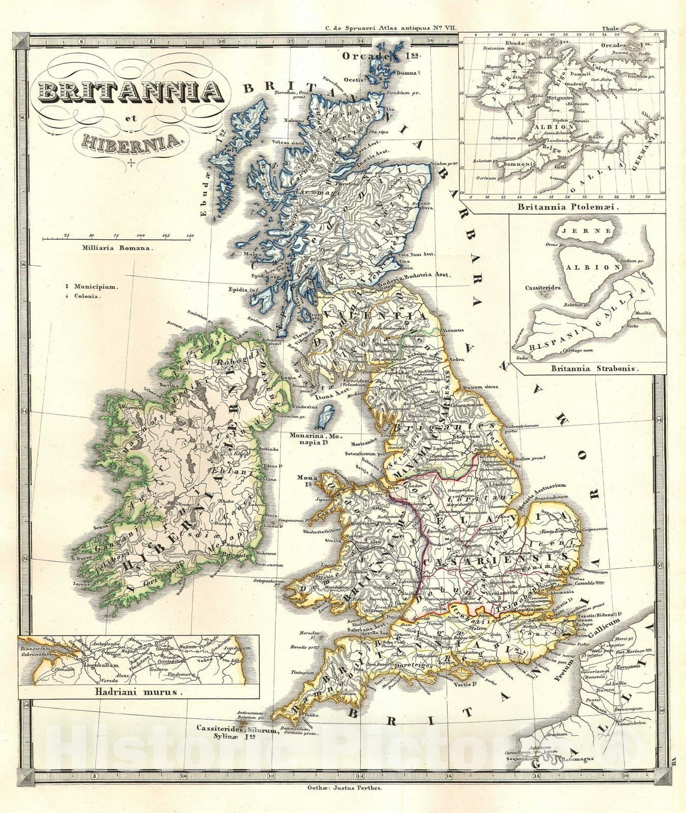Historic Map : The British Isles, Britannia and Hibernia, in Ancient Times, Spruneri, 1855, Vintage Wall Art