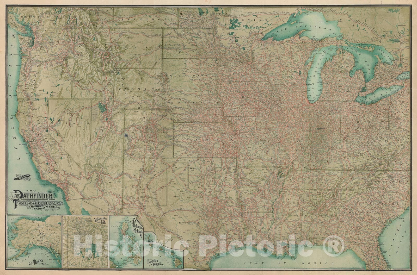 Historic Map : Railway Publishing Pathfinder Railroad Map of The Western United States, 1902, Vintage Wall Art