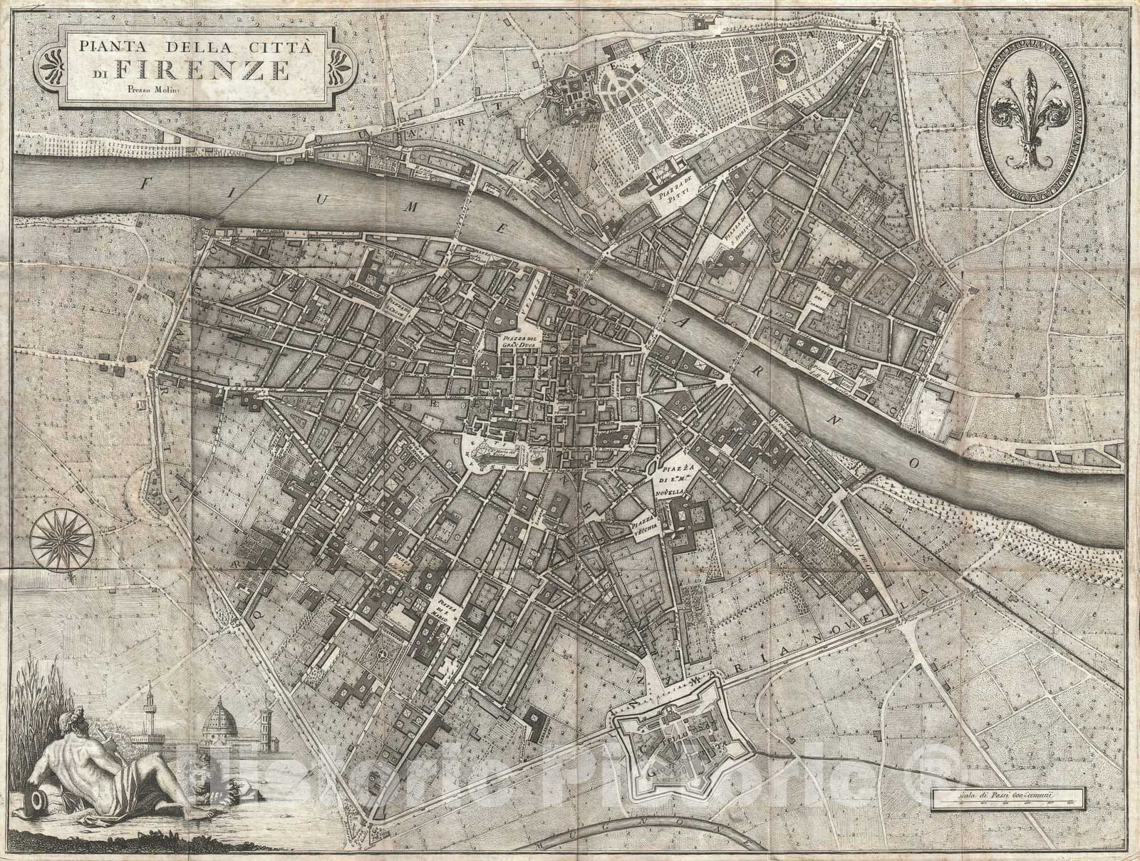 Historic Map : Florence "Frienze", Italy, Molini, 1847, Vintage Wall Art