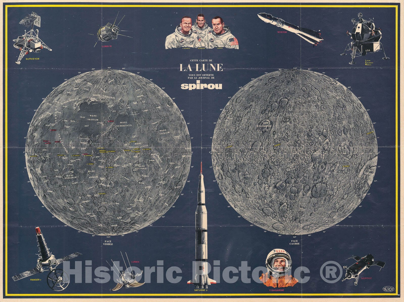 Historic Map : Devos Pictorial Map of The Moon and Space Vehicles, 1968, Vintage Wall Art