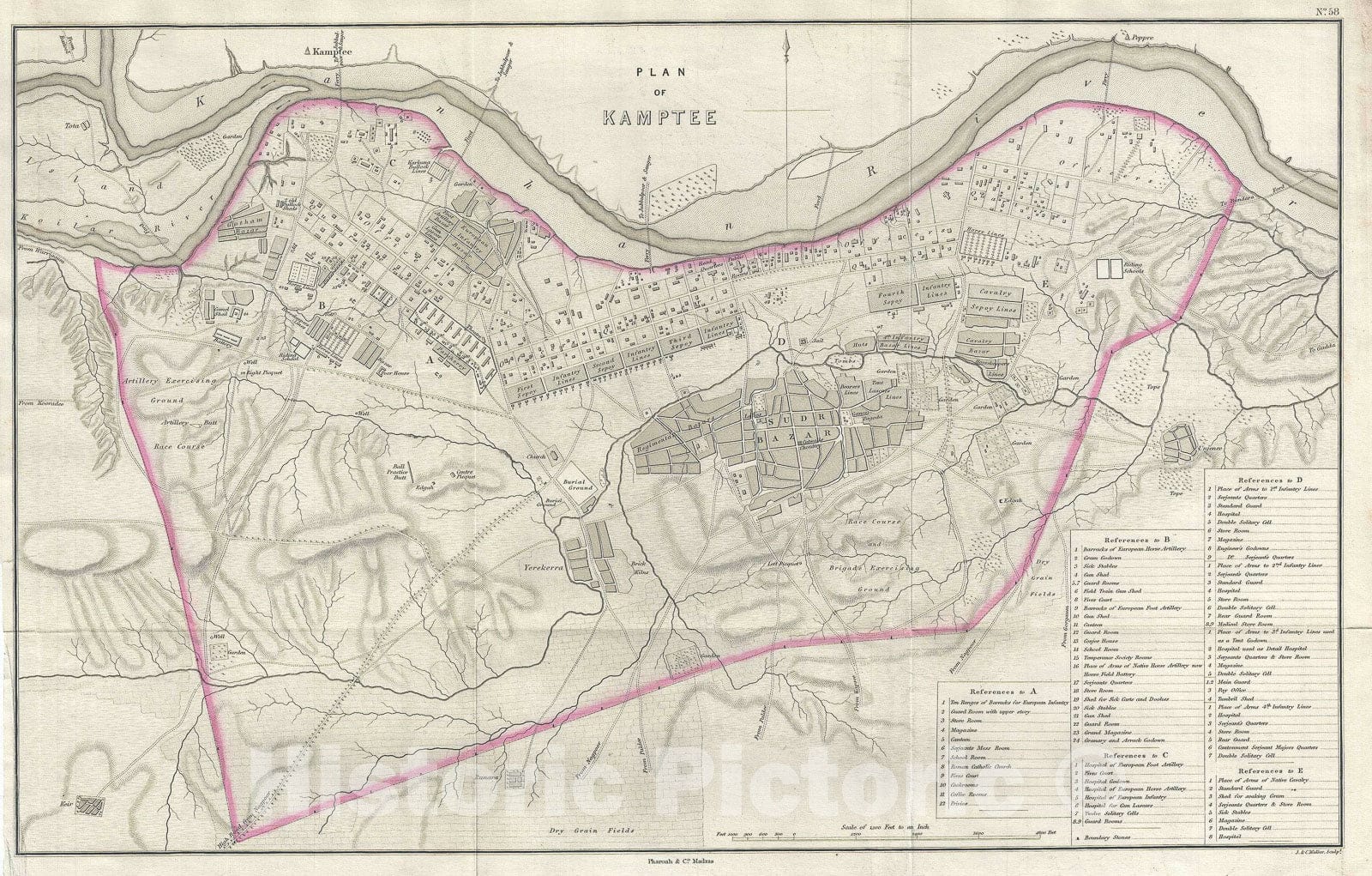 Historic Map : Plan of Kamptee, Maharashtra, India, Pharoah, 1854, Vintage Wall Art