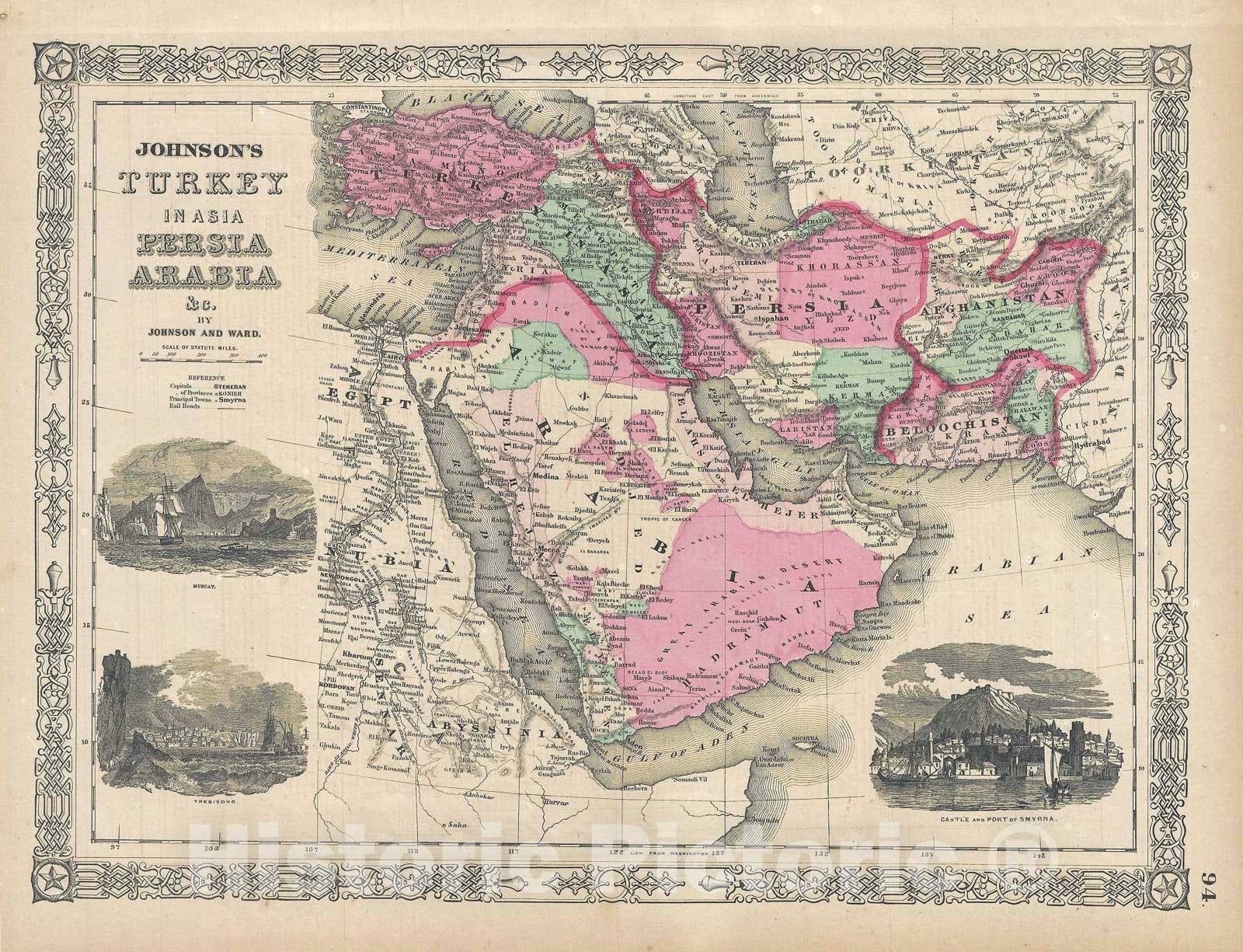 Historic Map : Arabia, Persia, Turkey and Afghanistan "with Iran and Iraq", Johnson, 1865, Vintage Wall Art