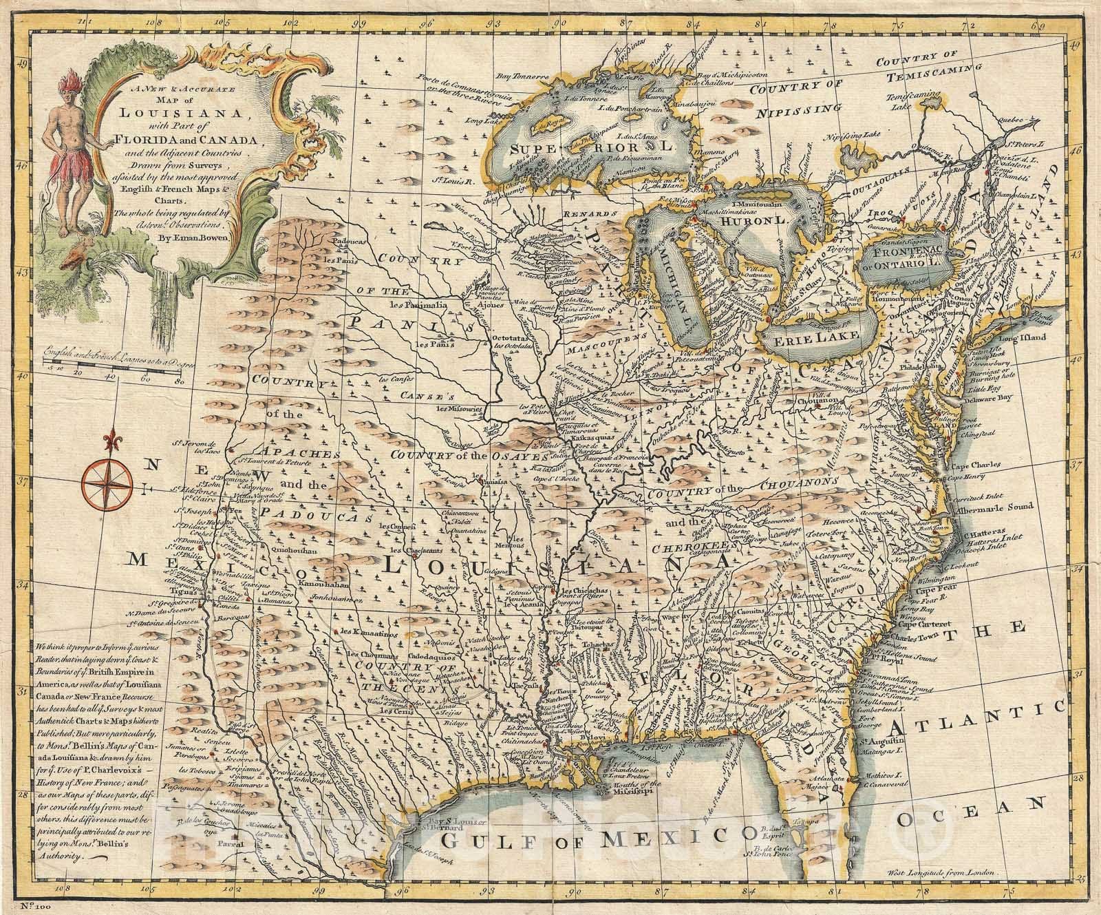 Historic Map : North America: Louisiana, New England, Florida, Canada, Bowen, 1747, Vintage Wall Art