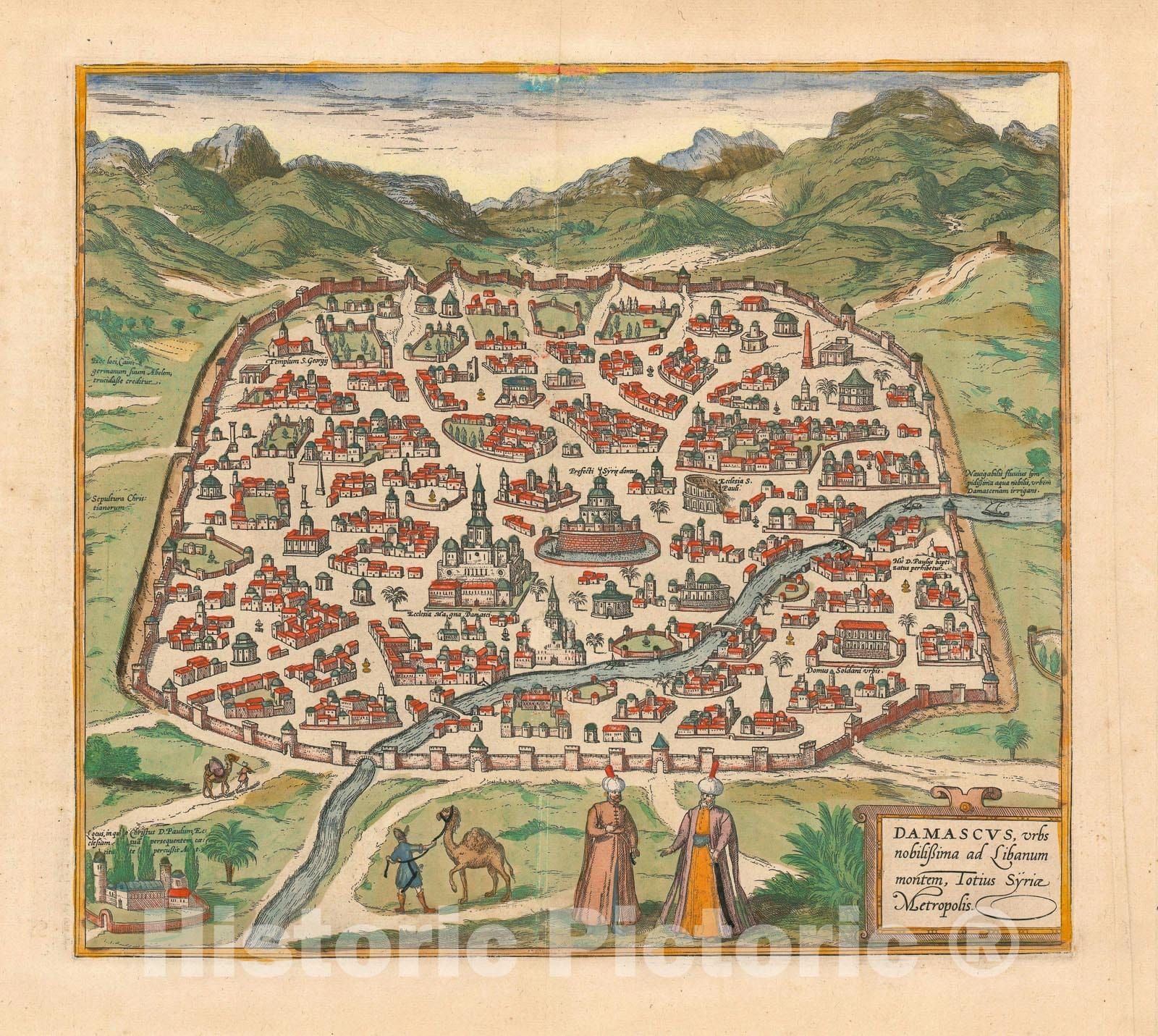 Historic Map : View Damascus, Braun and Hogenberg, 1575, Vintage Wall Art