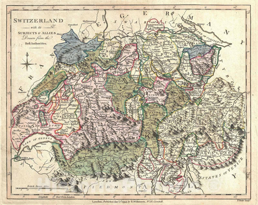 Historic Map : Switzerland, Wilkinson, 1794, Vintage Wall Art