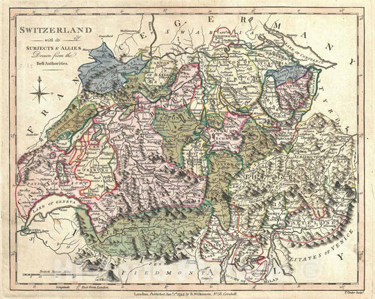 Historic Map : Switzerland, Wilkinson, 1794, Vintage Wall Art