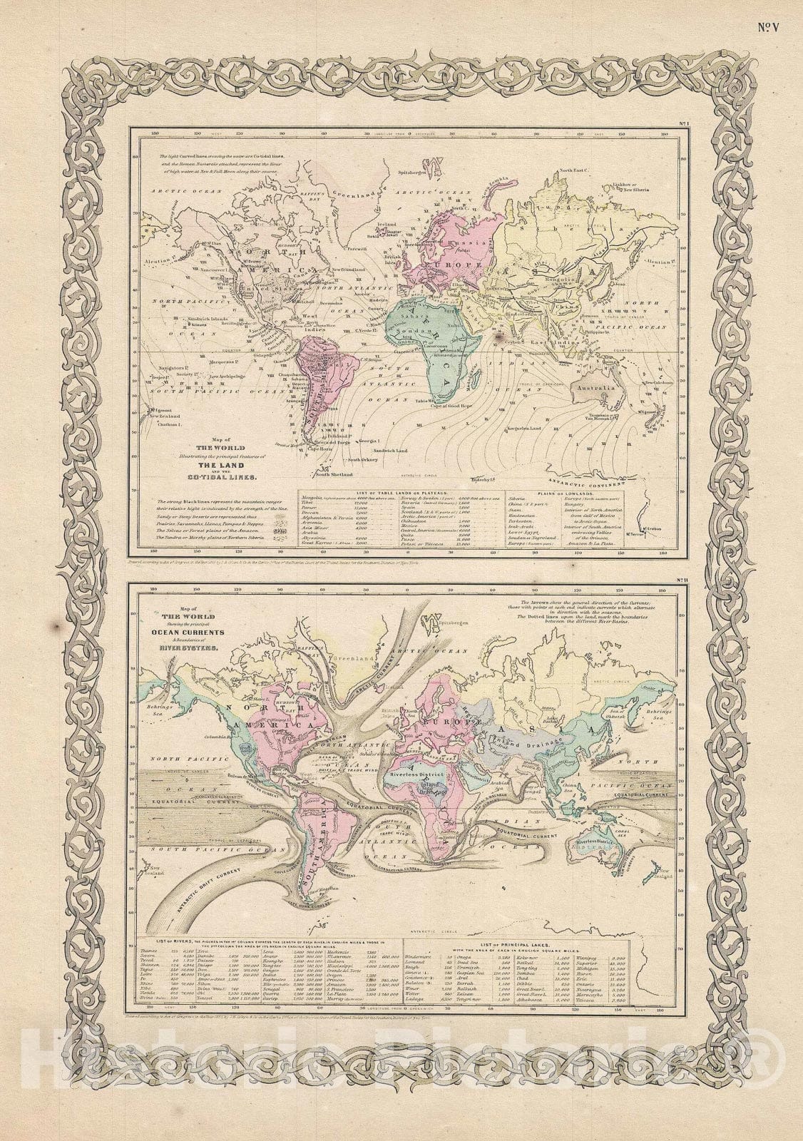 Historic Map : World Ocean Currents and Co-Tidal Lines, Colton, 1856, Vintage Wall Art